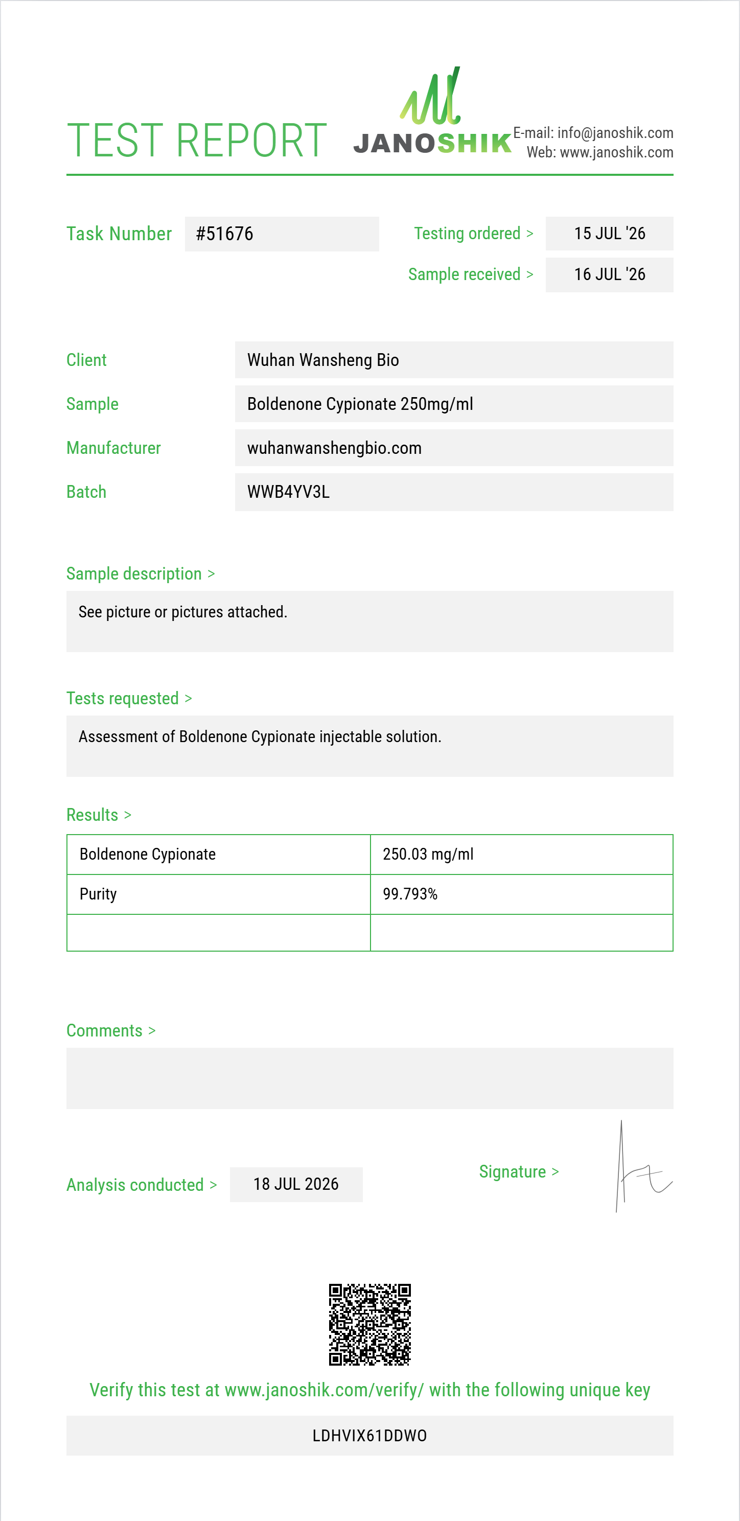 Boldenone Cypionate Purity (HPLC) report by Janoshik Analytical