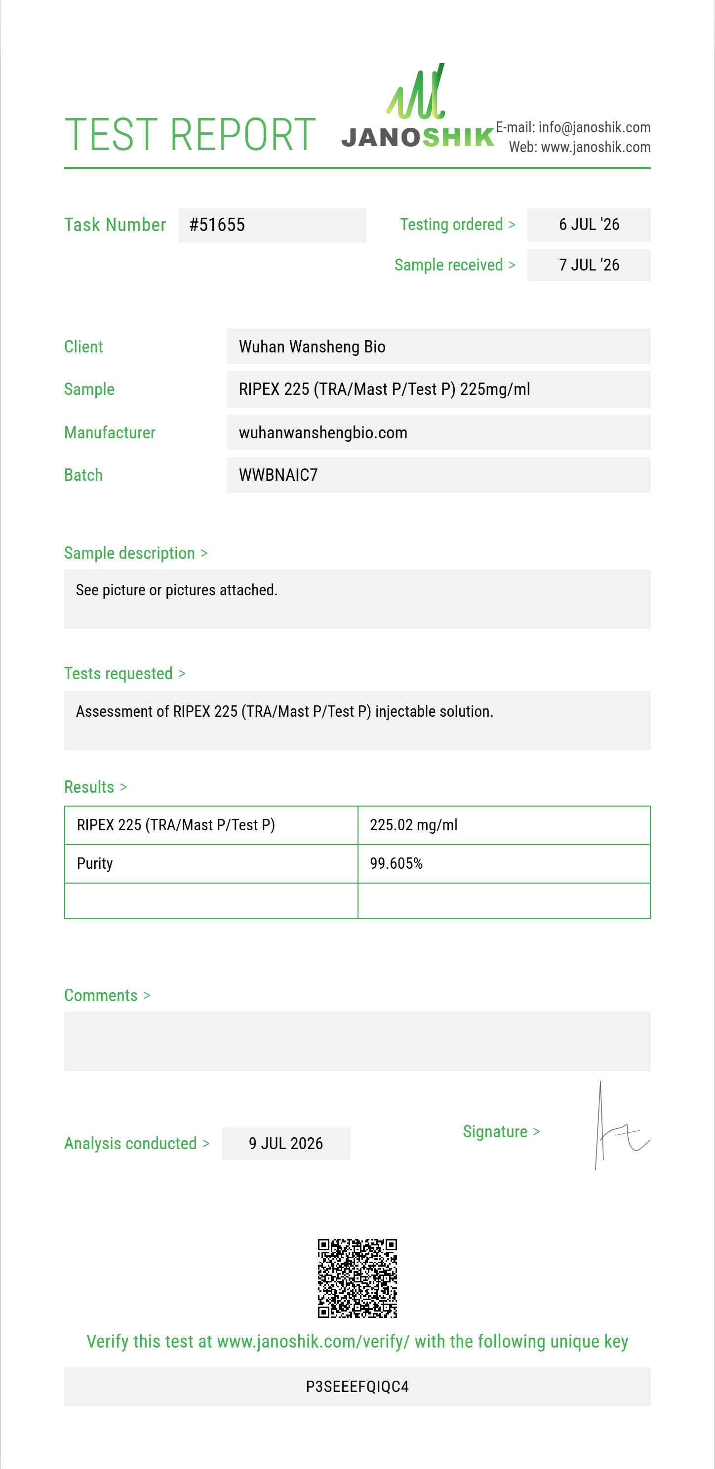 RIPEX 225 (TRA/Mast P/Test P) Purity (HPLC) report by Janoshik Analytical