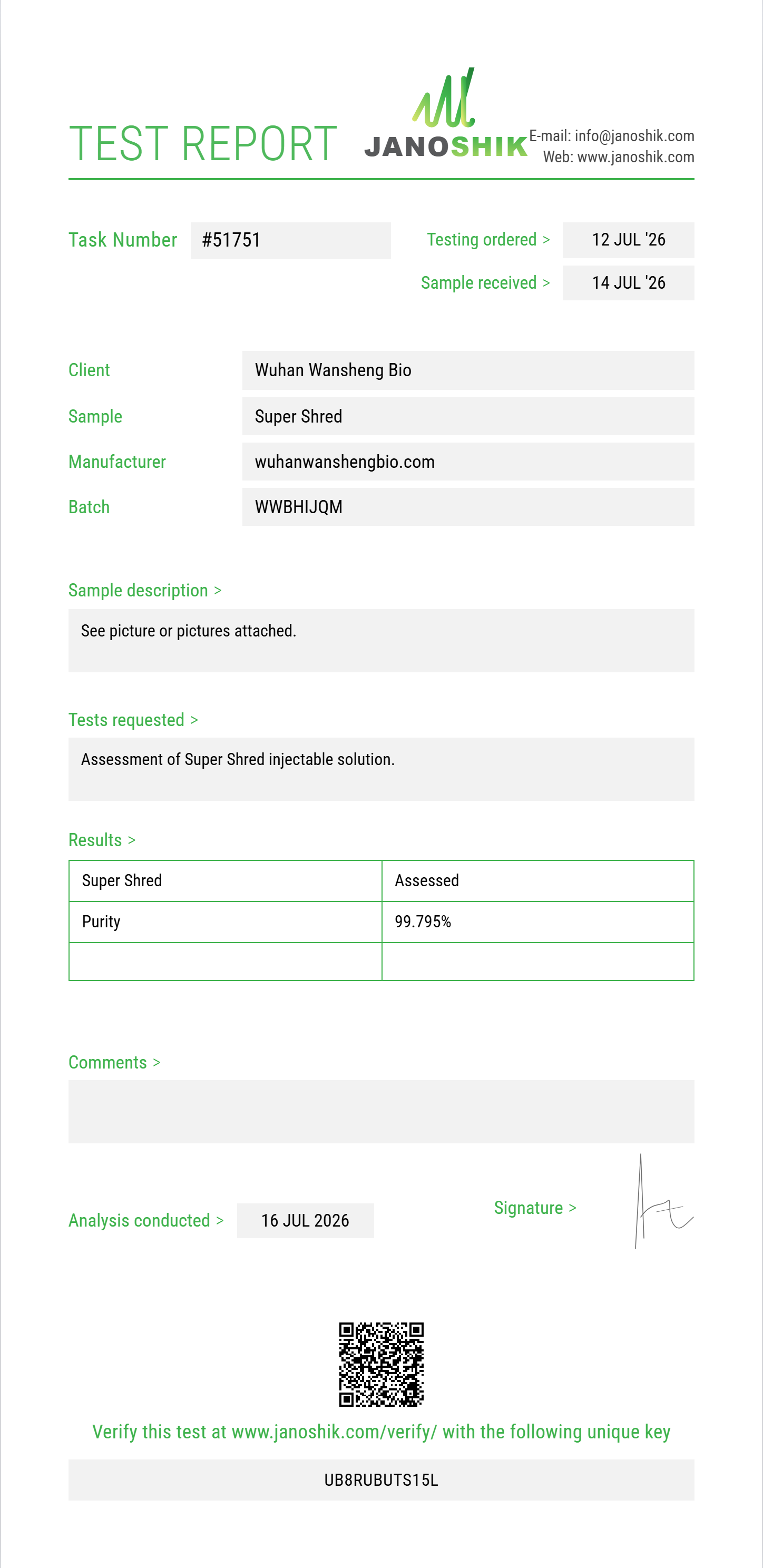 Super Shred Purity (HPLC) report by Janoshik Analytical