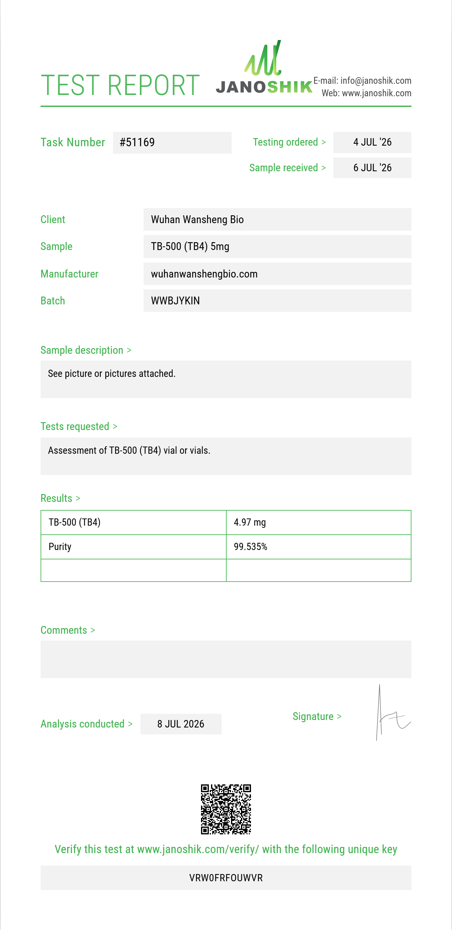 TB-500 (TB4) Purity (HPLC) report by Janoshik Analytical
