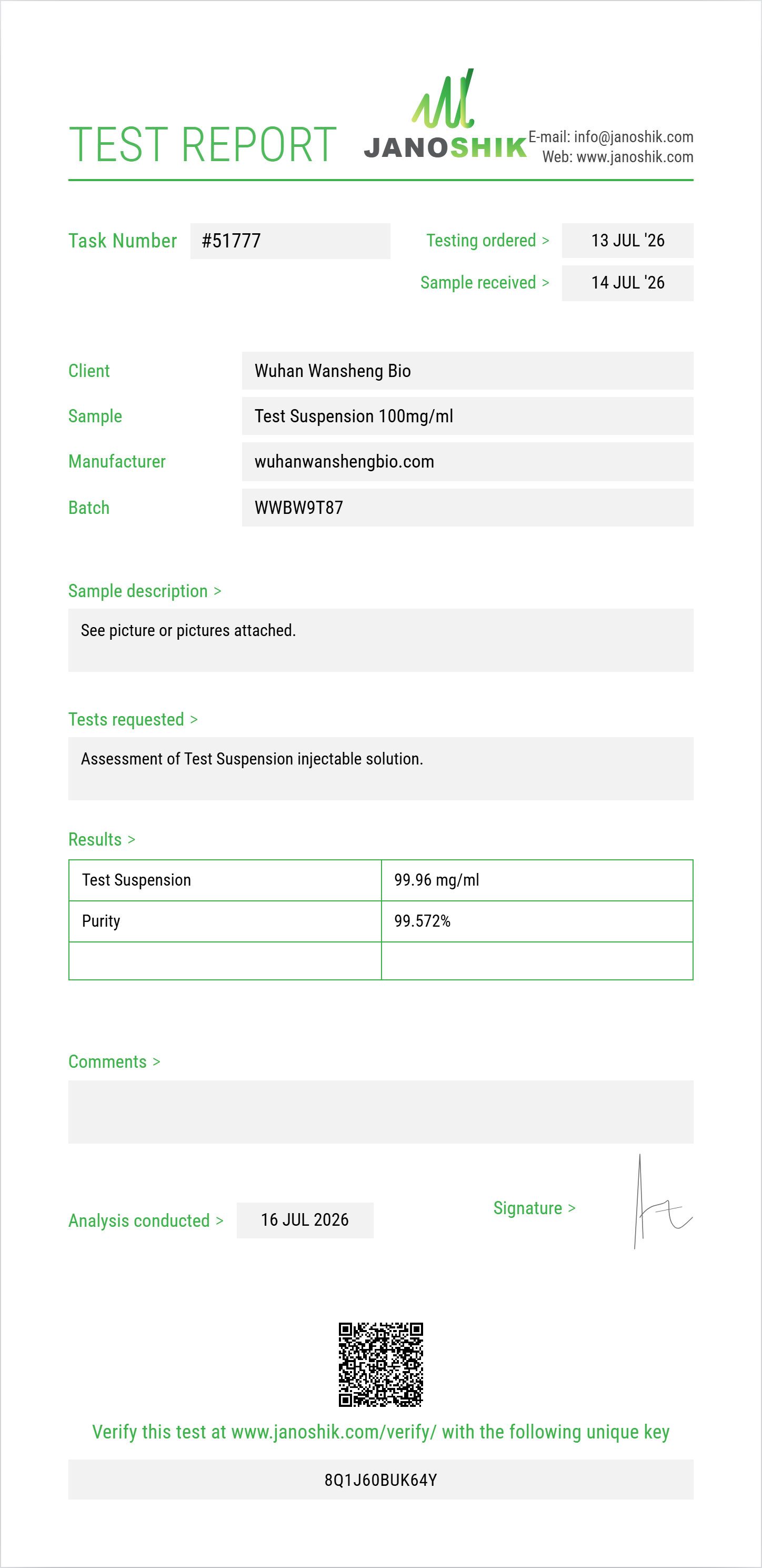 Test Suspension Purity (HPLC) report by Janoshik Analytical