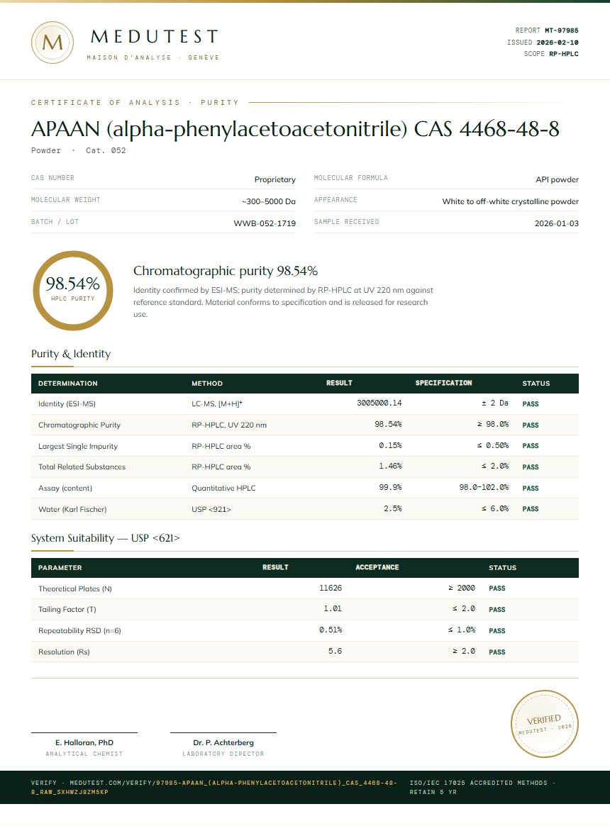 APAAN (alpha-phenylacetoacetonitrile) CAS 4468-48-8 Purity (HPLC) report by Medutest