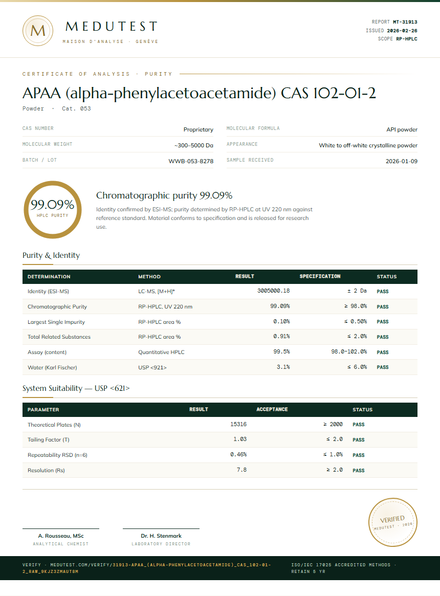 APAA (alpha-phenylacetoacetamide) CAS 102-01-2 Purity (HPLC) report by Medutest