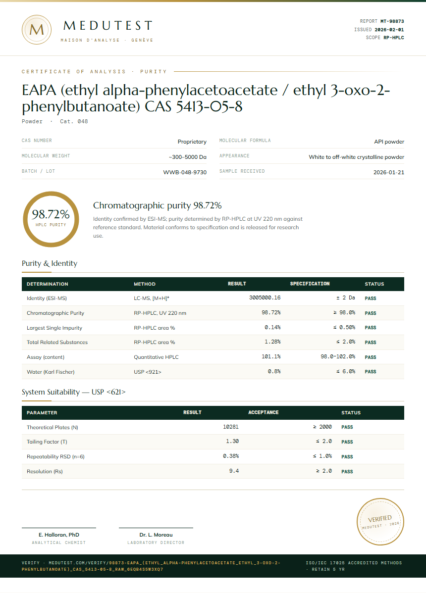 EAPA (ethyl alpha-phenylacetoacetate / ethyl 3-oxo-2-phenylbutanoate) CAS 5413-05-8 Purity (HPLC) report by Medutest