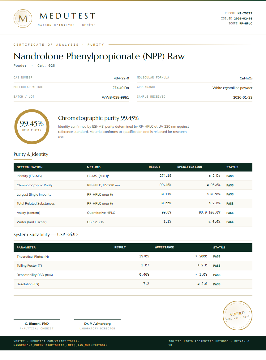Nandrolone Phenylpropionate (NPP) Raw Purity (HPLC) report by Medutest
