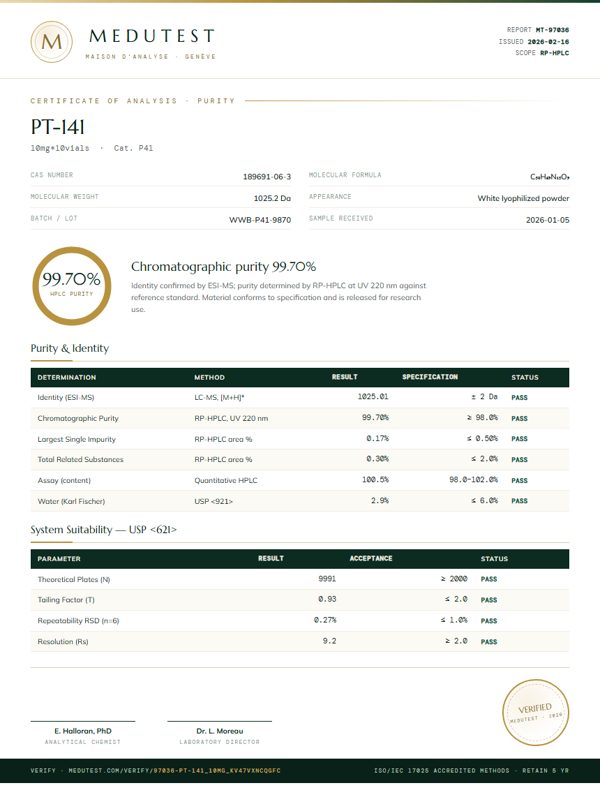 PT-141 Purity (HPLC) report by Medutest