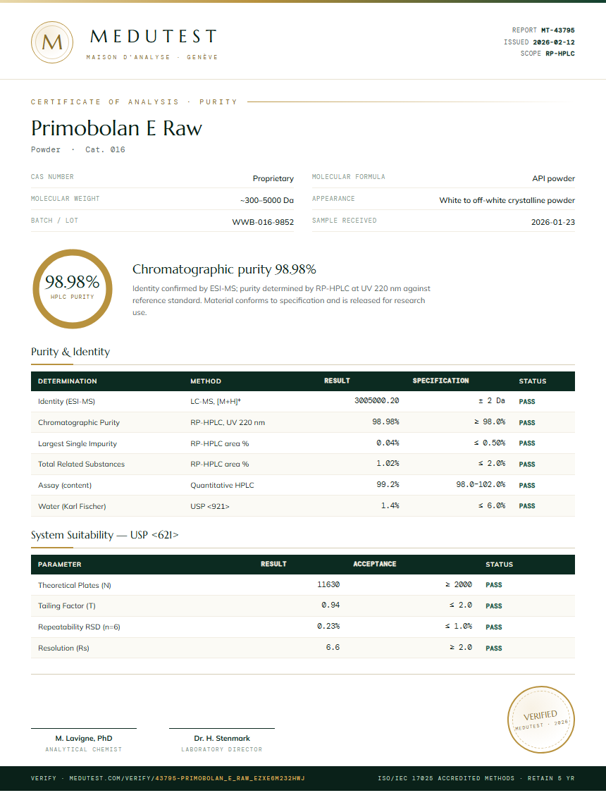 Primobolan E Raw Purity (HPLC) report by Medutest