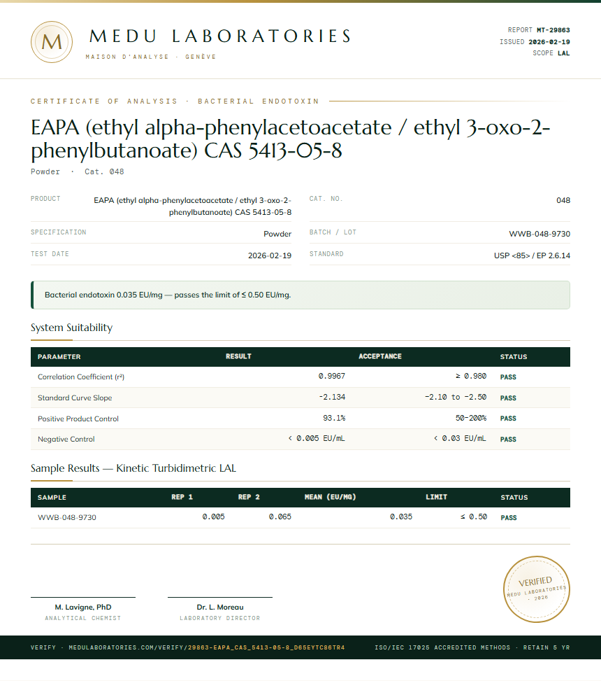 EAPA (ethyl alpha-phenylacetoacetate / ethyl 3-oxo-2-phenylbutanoate) CAS 5413-05-8 Endotoxin report by Medu Laboratories