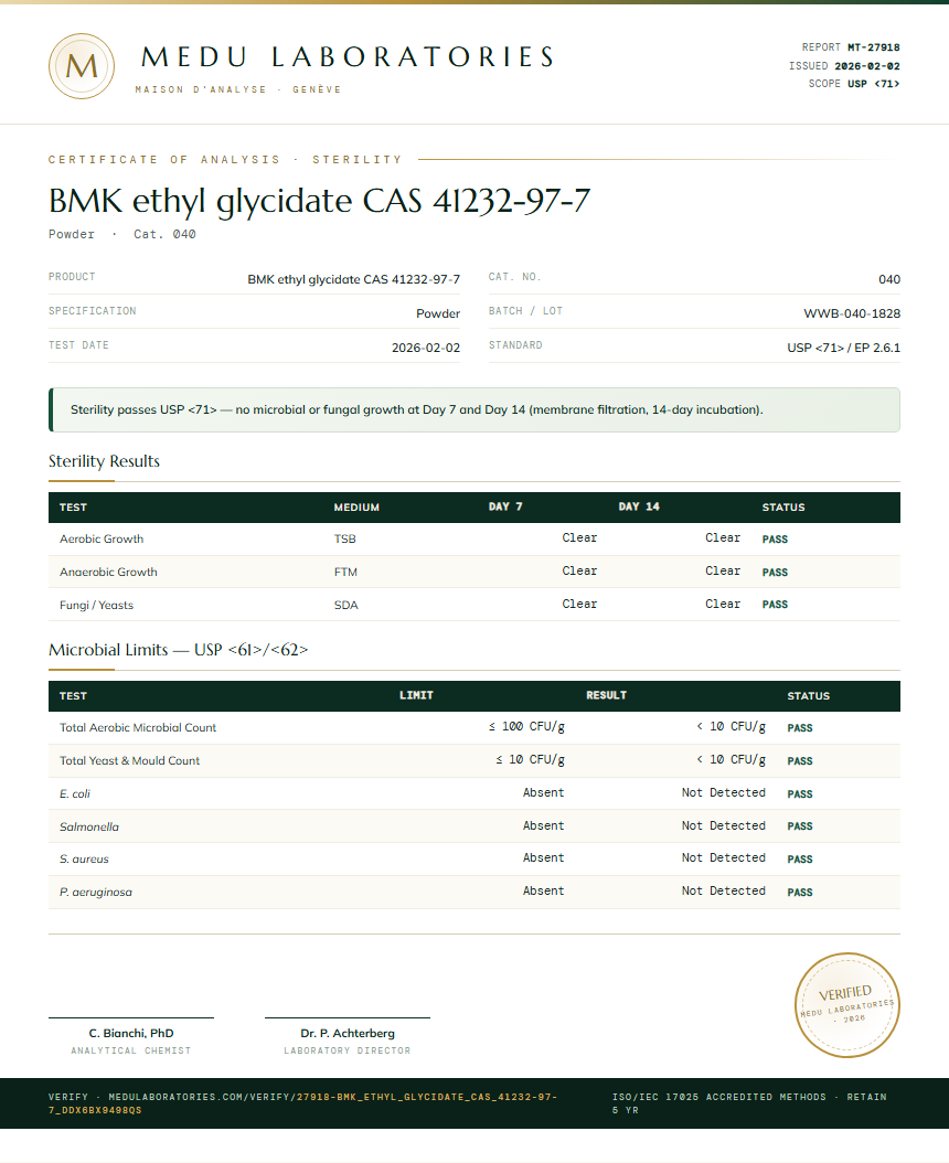 BMK ethyl glycidate CAS 41232-97-7 Sterility report by Medu Laboratories