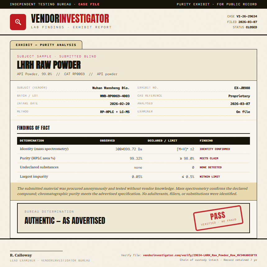 LHRH Raw Powder Purity (HPLC) report by VendorInvestigator
