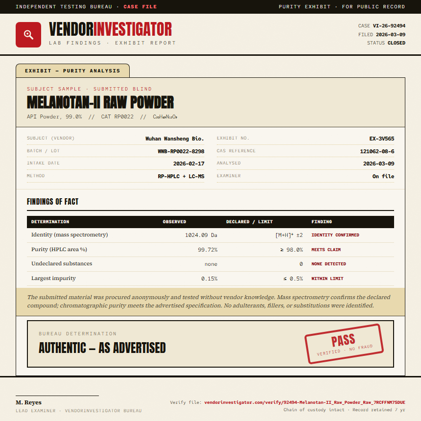 Melanotan-II Raw Powder Purity (HPLC) report by VendorInvestigator