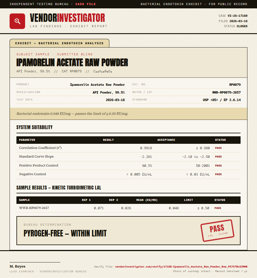 Ipamorelin Acetate Raw Powder Endotoxin report by VendorInvestigator
